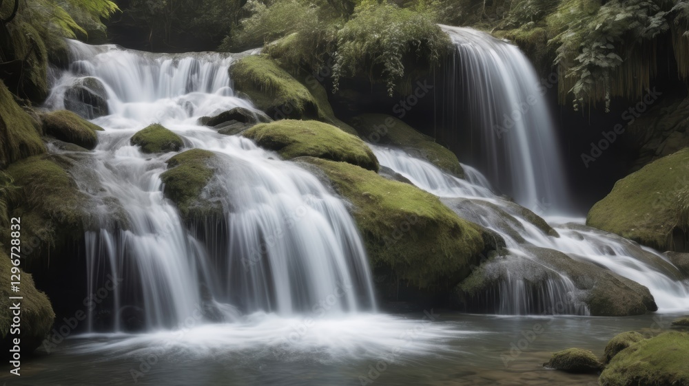 Serene Cascading Waterfall in Lush Green Forest Mossy Rocks Nature Scene Serene Cascading Waterfall in Lush Green Forest Mossy Rocks Nature Scene