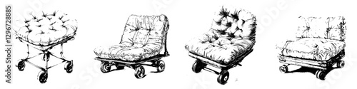 Hand-drawn vector sketch of various chair designs showcasing unique cushions and wheels in a minimalist style