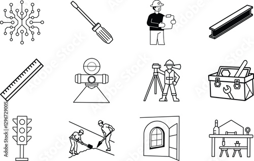 Construction, Engineering, Tools, Blueprint, Surveying, Worker, Icons, Design, Traffic, Safety