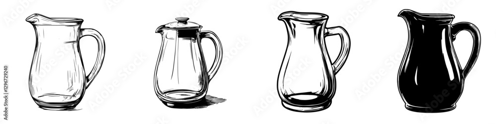 Hand drawn vector illustrations of various glass pitchers in a minimalist style Hand drawn vector illustrations of various glass pitchers in a minimalist style