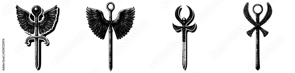 Unique hand-drawn vector illustrations of various sword and wing designs showcasing intricate details and artistic style Unique hand-drawn vector illustrations of various sword and wing designs showcasing intricate details and artistic style