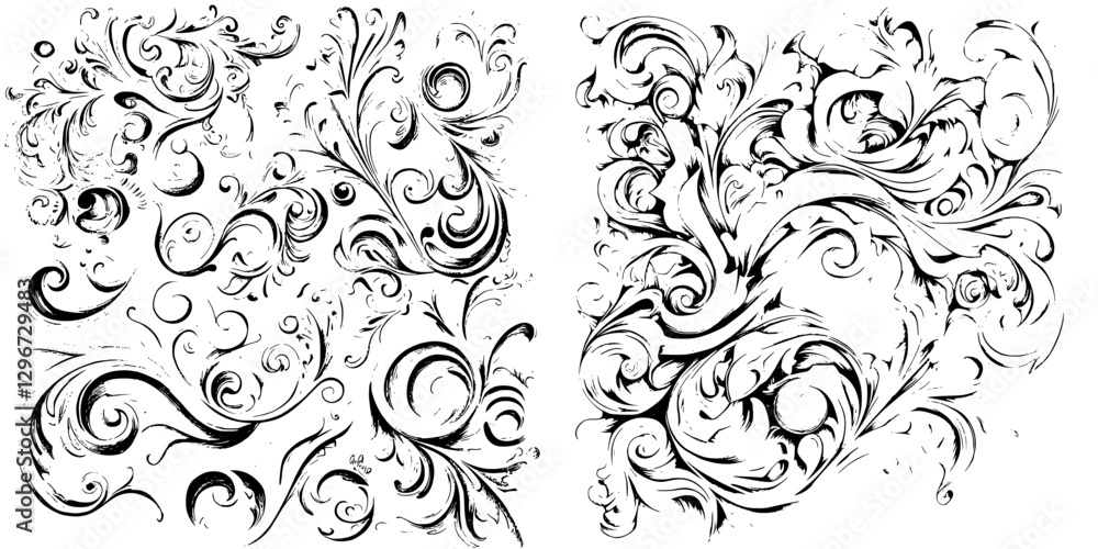 Hand-drawn vector illustration of decorative floral swirls in black and white for graphic design and artistic projects Hand-drawn vector illustration of decorative floral swirls in black and white for graphic design and artistic projects