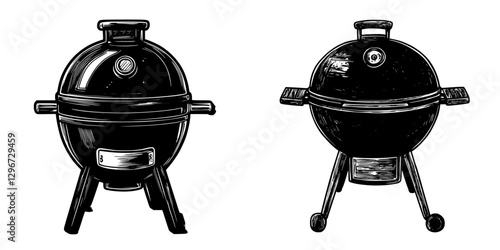 Hand drawn vector illustration of classic charcoal grills showcasing unique designs and features