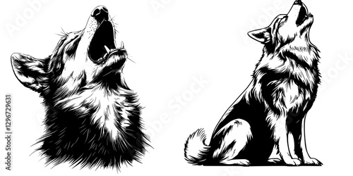 Hand drawn vector illustration of wolves howling in a natural setting during twilight