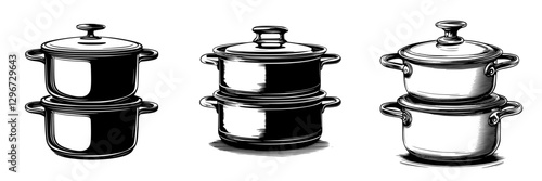 Hand drawn vector illustration of stacking cooking pots in a minimalist kitchen setting perfect for culinary designs