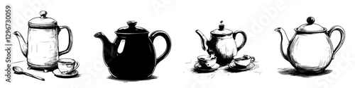 Hand drawn vector illustration of various tea kettles and cups in a simple design showcasing elegance and functionality