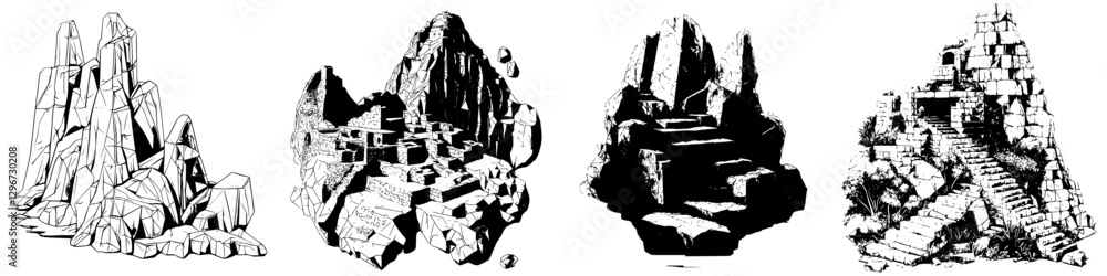 Hand draw vector illustration sketch of ancient ruins and rock formations in a secluded location during daylight Hand draw vector illustration sketch of ancient ruins and rock formations in a secluded location during daylight