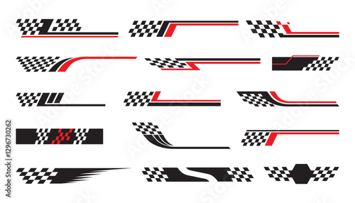 set checkered flag designs, racing stripe speed, finish line motorsport