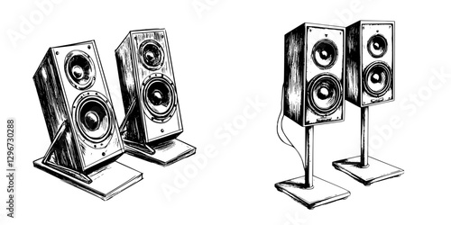 Hand drawn vector illustration of vintage speakers in a sketch style surrounded by a minimalist design