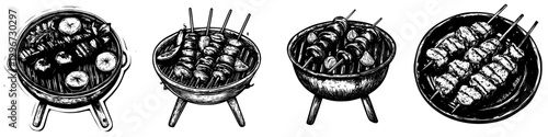 Hand drawn vector illustration of barbecue skewers and grilled vegetables on charcoal grills during summer cookout