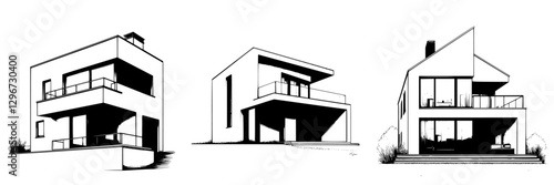 Hand drawn vector illustration of three modern house designs showcasing unique architectural styles and outdoor spaces