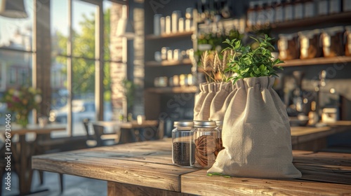 Rustic Cafe Interior with Fresh Herbs and Natural Light