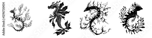 Hand drawn vector illustration of mythical sea creatures entwined with aquatic plants in a black and white style