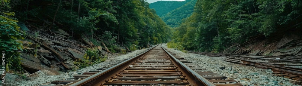 A tranquil view of a train track winding through lush greenery, surrounded by mountains under a serene sky. A tranquil view of a train track winding through lush greenery, surrounded by mountains under a serene sky.