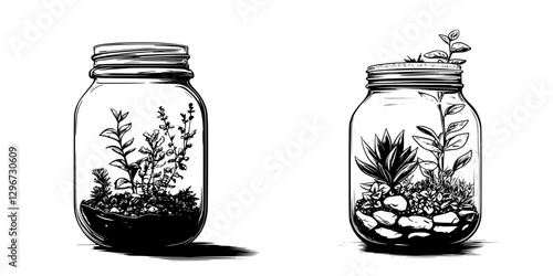 Hand drawn vector illustration of two glass jars containing various plants in a simple and creative arrangement