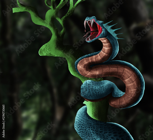Mythical serpent coiled on a tree........