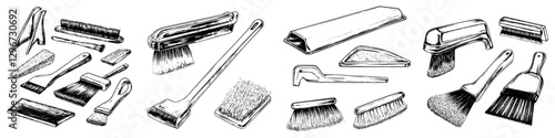 Hand drawn vector illustration sketch featuring various paint brushes and cleaning tools