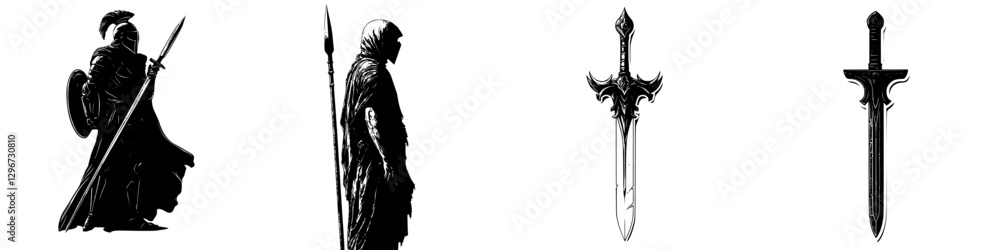 Hand drawn vector illustration of warriors and swords in a dramatic fantasy style featuring a knight and a silhouette Hand drawn vector illustration of warriors and swords in a dramatic fantasy style featuring a knight and a silhouette