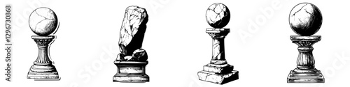 Detailed hand drawn vector illustration of stone sculptures featuring various designs and forms, showcasing artistic craftsmanship and design elements