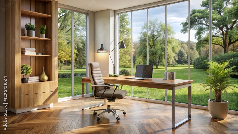 Fototapeta premium A modern home office with a desk and chair in front of a window overlooking a park