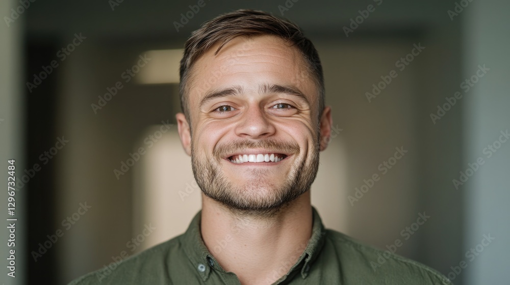 Confident man with bright smile showcases warmth in welcoming sp Confident man with bright smile showcases warmth in welcoming sp