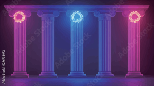 The image depicts five classical columns rendered in a 3D digital environment.  The columns are illuminated with vibrant neon colors; two are predominantly pink/purple, two are a darker shade of