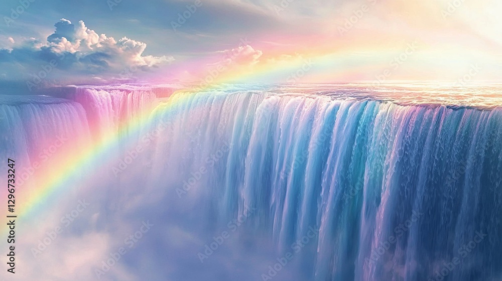 Fototapeta premium Majestic Waterfall Cascading with Vibrant Rainbow Under Bright Sky and Soft Clouds in Serene Natural Landscape
