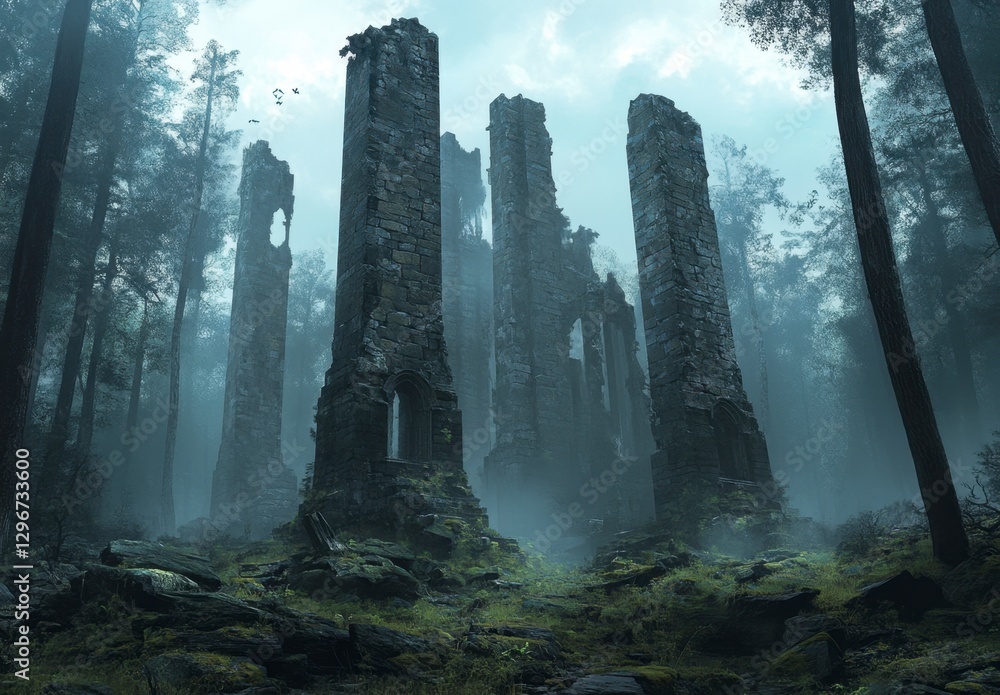 Mysterious Ruins Surrounded by Forest in Foggy Atmosphere Mysterious Ruins Surrounded by Forest in Foggy Atmosphere
