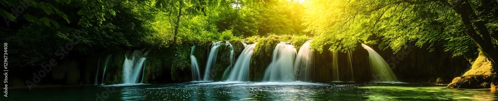 Obraz premium Scenic tropical waterfall flowing into a calm river surrounded by lush green forest under warm sunlight.