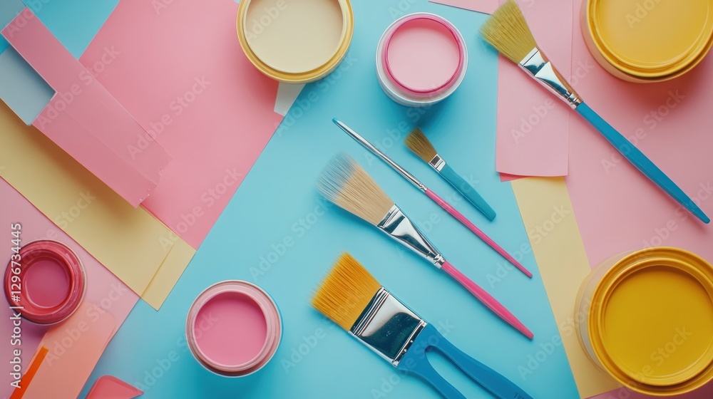 Painting preparation Bright hues of paint and brushes on light blue backdrop with color swatches Painting preparation Bright hues of paint and brushes on light blue backdrop with color swatches