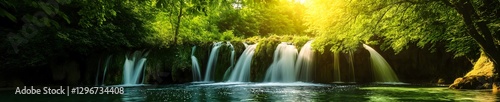 Scenic tropical waterfall flowing into a calm river surrounded by lush green forest under warm sunlight.