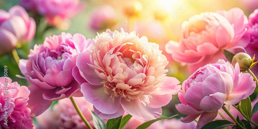 Fototapeta premium Pastel Pink Peonies Blooming in Sunny Light - Beautiful Spring Flowers