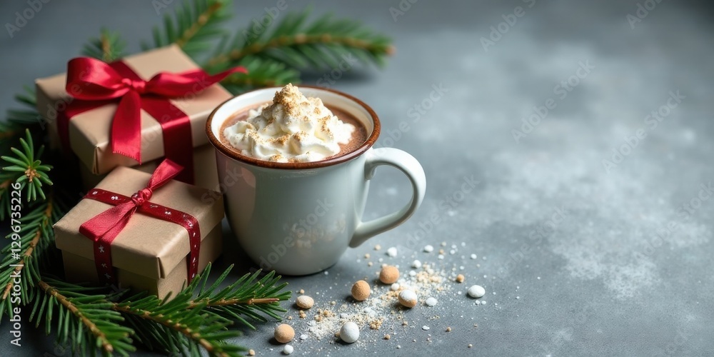 A Festive Mug of Warm Cocoa Topped with Whipped Cream and Sprinkles, Nestled Among Christmas Gifts and Evergreen Branches, Creates a Cozy Winter Scene. A Festive Mug of Warm Cocoa Topped with Whipped Cream and Sprinkles, Nestled Among Christmas Gifts and Evergreen Branches, Creates a Cozy Winter Scene.