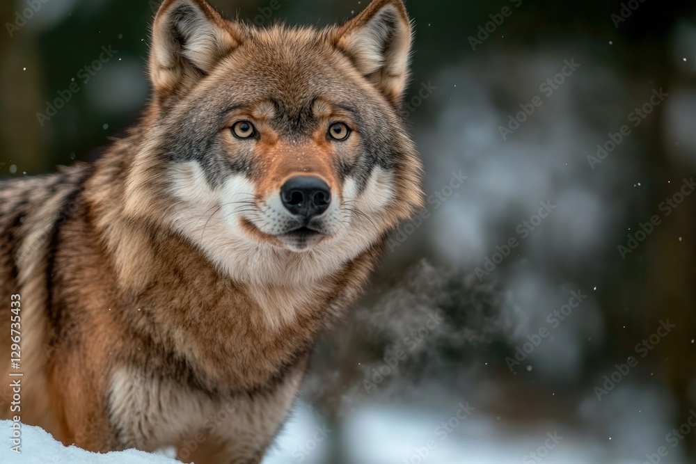 Majestic wolf gazes intently amidst snowy landscape, showcasing Majestic wolf gazes intently amidst snowy landscape, showcasing