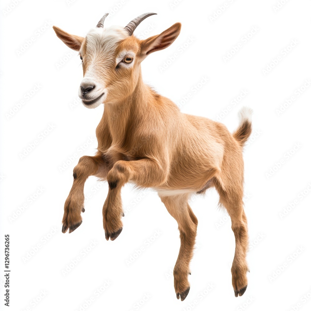 Fototapeta premium Cheerful Jumping Goat in Mid-Air Against White Background