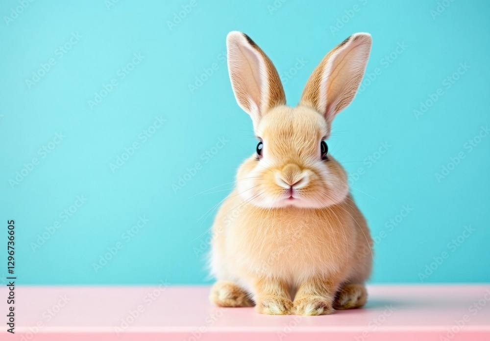 Fototapeta premium Cute fluffy rabbit sitting on pink table against teal background