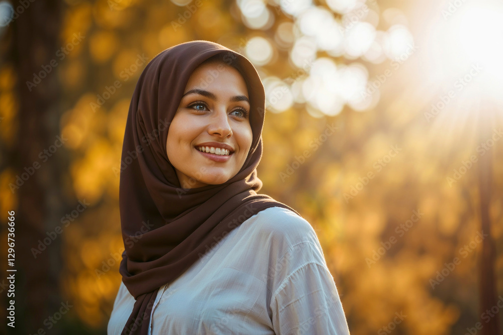 Close-up of happy beautiful Arabian woman with brown hijab against blurred autumn forest and bright sun