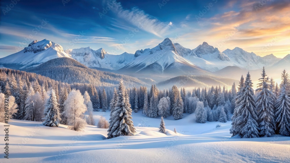 Obraz premium Frosty mountain landscape with snow-covered peaks and valleys in winter landscape, serene atmosphere, winter wonderland, frosty mountains