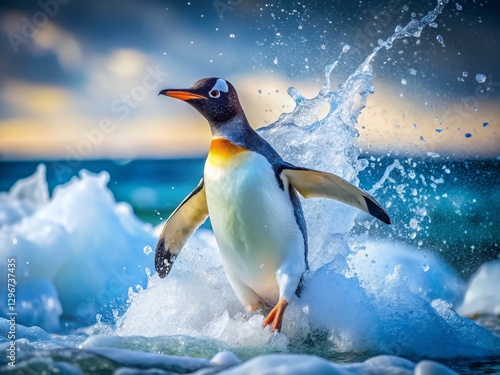 Penguin Splash: Dynamic Wildlife Photo of a Penguin Emerging from Cold Ocean Water