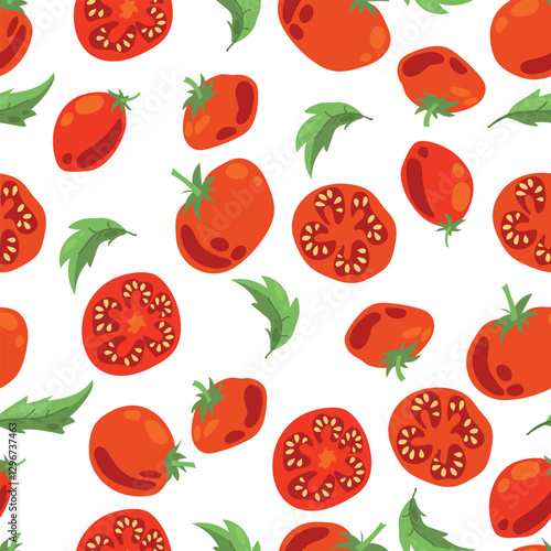 Seamless pattern of ripe tomatoes. Vegetables. Red tomatoes. Juicy Harvest. Healthy food. Vector illustration.