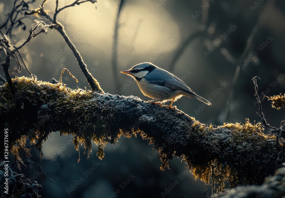 Obraz premium Captivating Blue Tit Bird Perched on a Moss-Covered Branch in a Serene Forest Setting During the Golden Hour of Twilight and Soft Natural Light