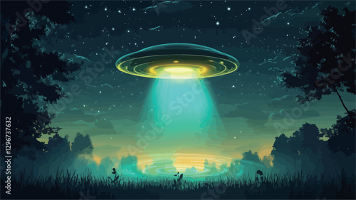 Digital illustration depicting a classic flying saucer-shaped UFO hovering over a dark forest at night.  A bright, teal-colored beam of light emanates from the underside of the craft, illuminating