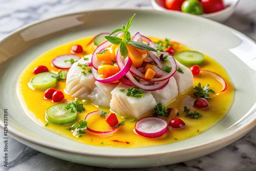 Peruvian Sea Bass Ceviche: Vibrant Seafood Dish on Marble Peruvian Sea Bass Ceviche: Vibrant Seafood Dish on Marble