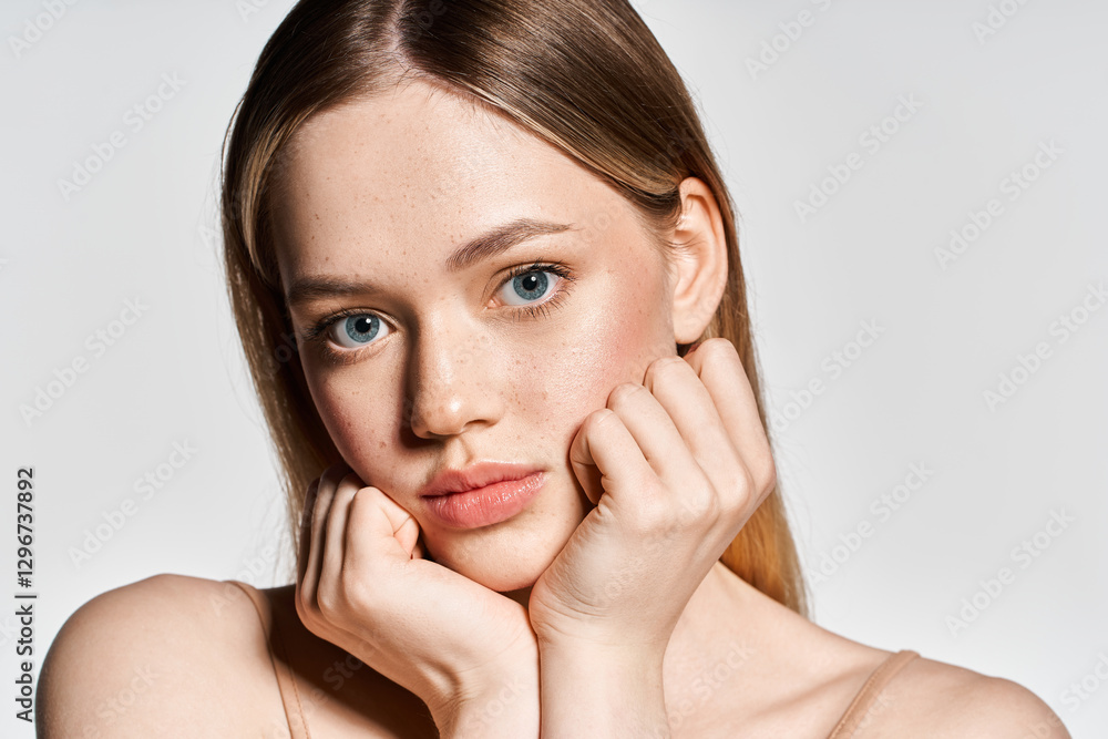 Youthful beauty showcases elegance in a minimalist style during a photoshoot Youthful beauty showcases elegance in a minimalist style during a photoshoot