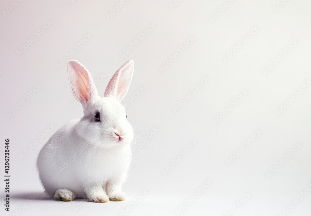 Cute White Rabbit Sitting with Upright Ears on Light Backdrop Cute White Rabbit Sitting with Upright Ears on Light Backdrop