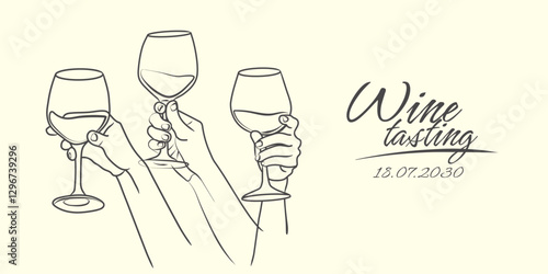 Line drawing of hands holding wine glasses. Hands raising upwards to celebrate and toast.