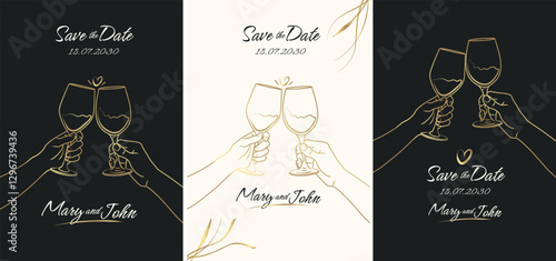 Line drawing of hands with wine glasses toasting.