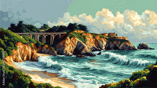 Stunning Coastal Vector Illustration: Rocky Cliffs, Ocean Waves, Majestic Bridge, and Scenic Beachfront House Under a Cloud-Filled Sky