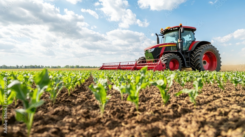 Modern Tractor Working in Agricultural Field with Green Crops under Cloudy Sky on a Bright Sunny Day Modern Tractor Working in Agricultural Field with Green Crops under Cloudy Sky on a Bright Sunny Day