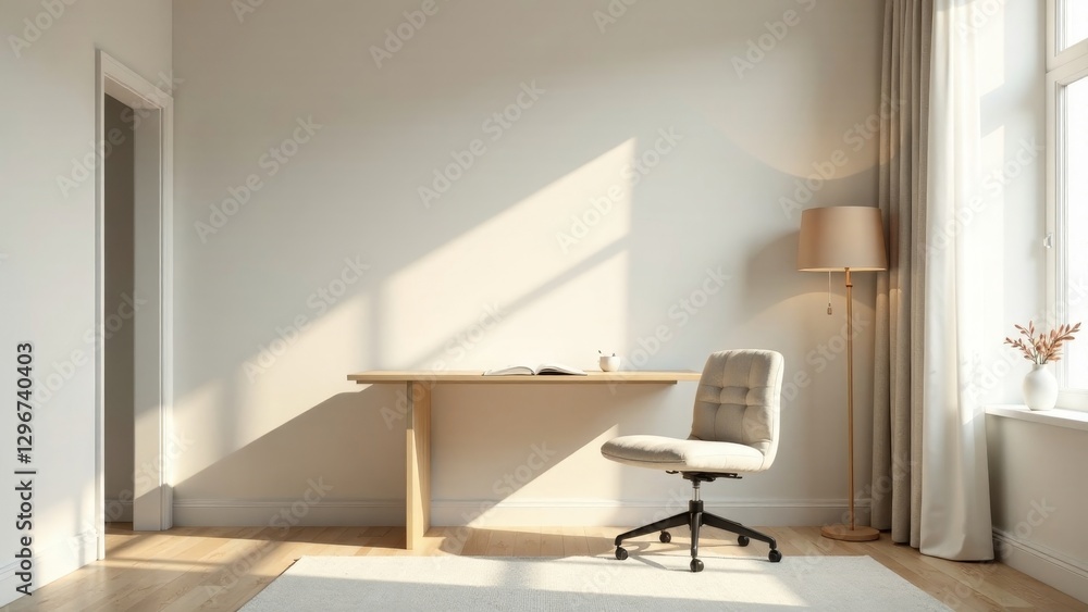 Fototapeta premium Sunlit minimalist home office workspace with a light wood desk, comfortable chair, and floor lamp